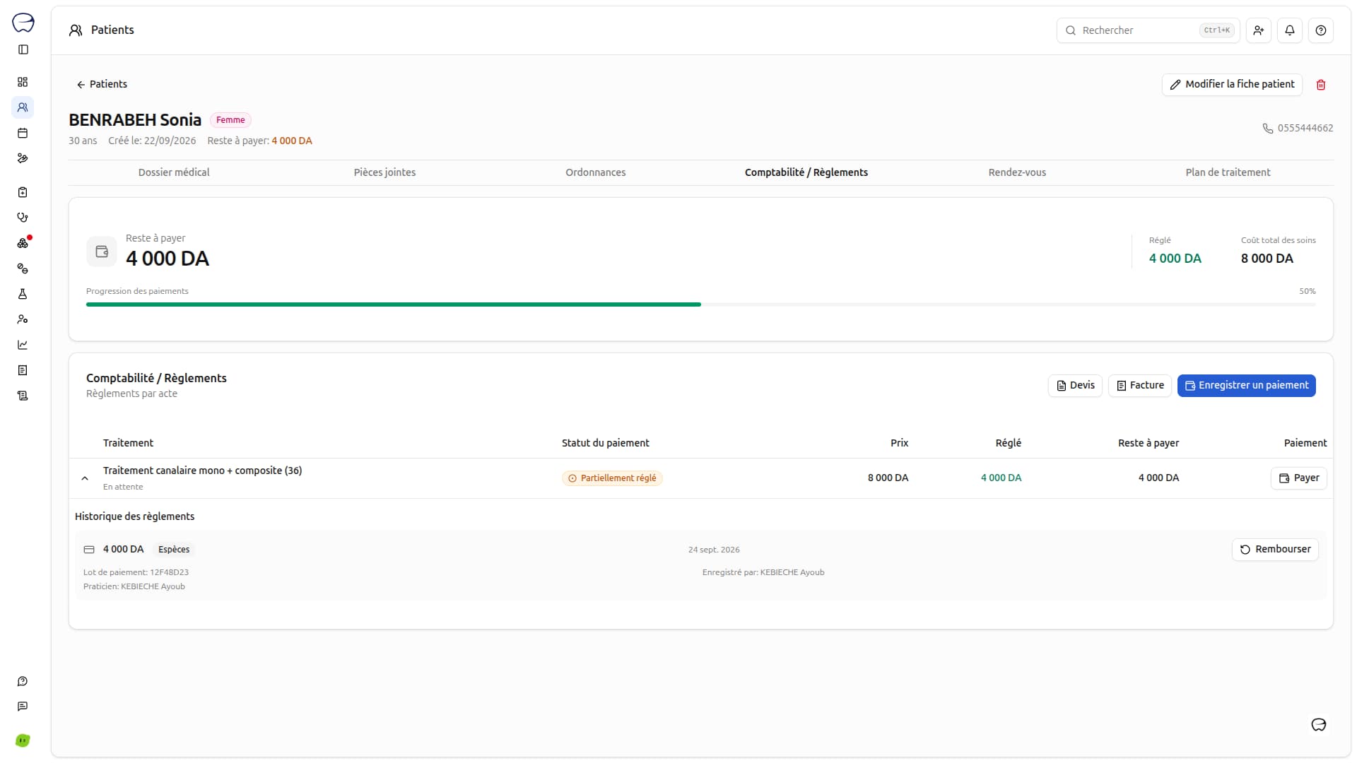 Vue des comptes et des paiements du patient dans Orozed